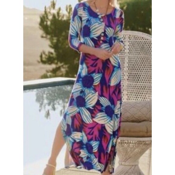 Soft Surroundings Maxi Dress Women Medium Floral 3/4 Sleeve Cruise Bloom Stretch - Picture 1 of 8
